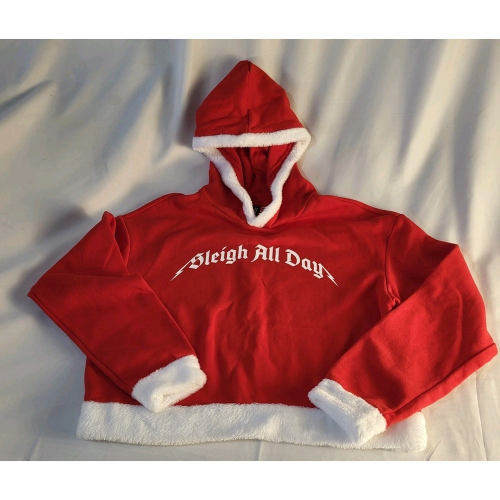 Womens M Divided Red White Sleigh All Day Christmas Theme Cropped Hoodie